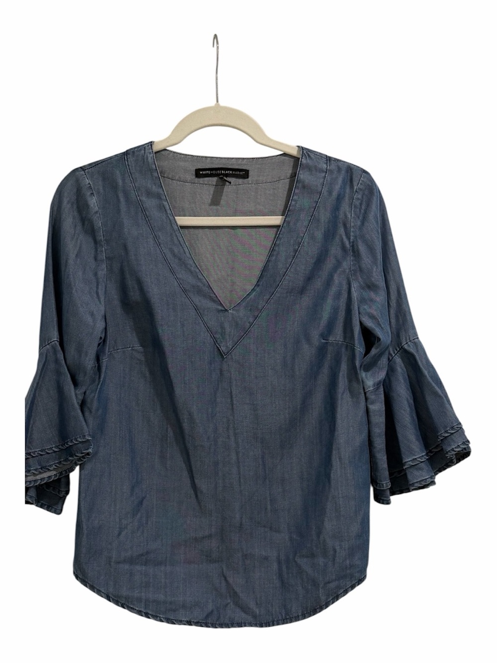 White House Black Market V-Neck Bell Sleeve Blouse Summer Denim Top size 2